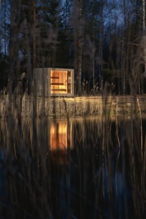 TimberIN Nordic Cube glowing at night among reeds