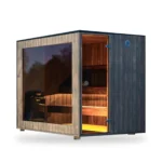 Garden saunas 15 TimberIN Nordic Cube modern CLT outdoor sauna with glass front on a white background